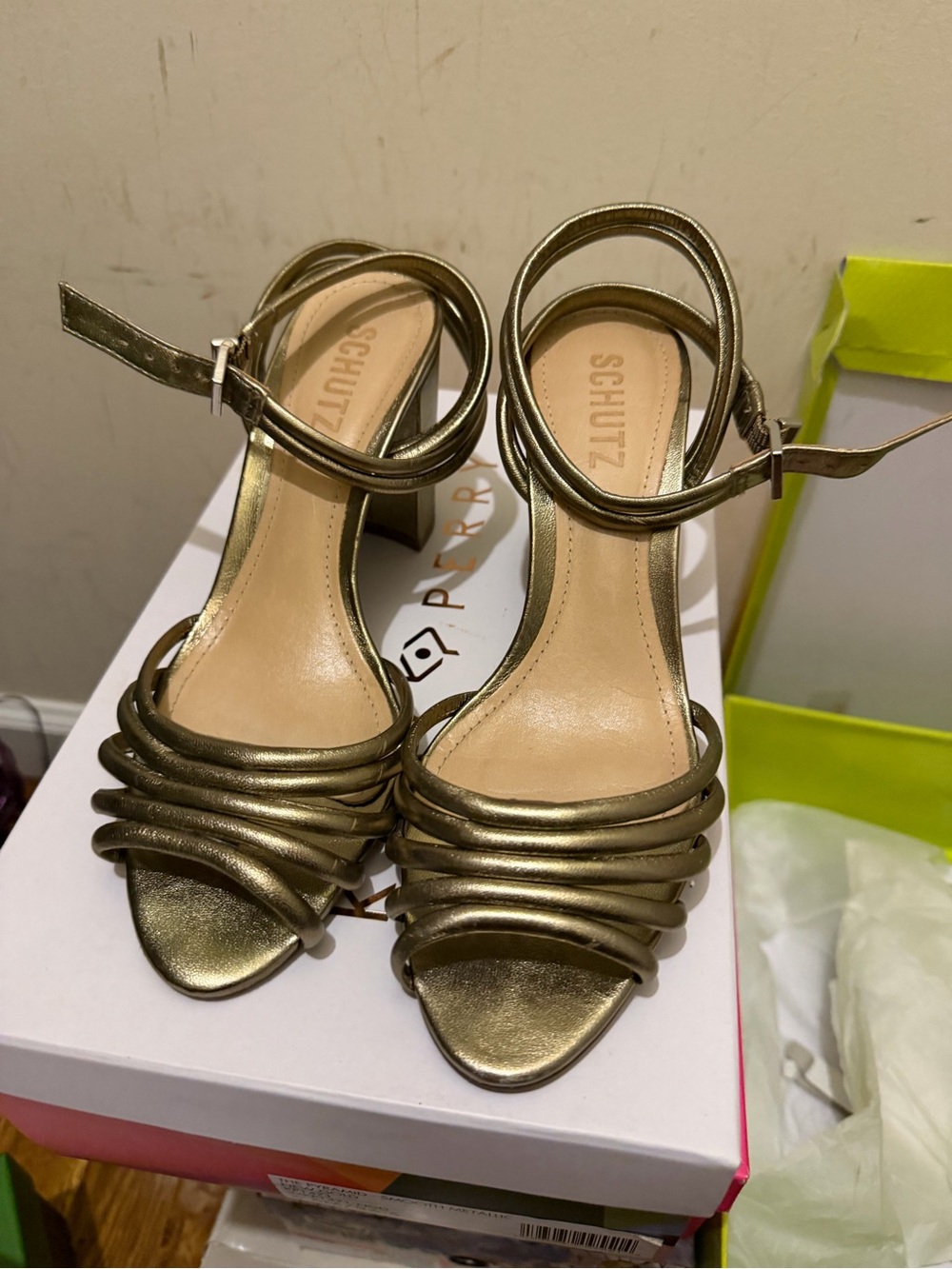 SCHUTZ Metallic Gold Multi-Strap Block Heel Sandals